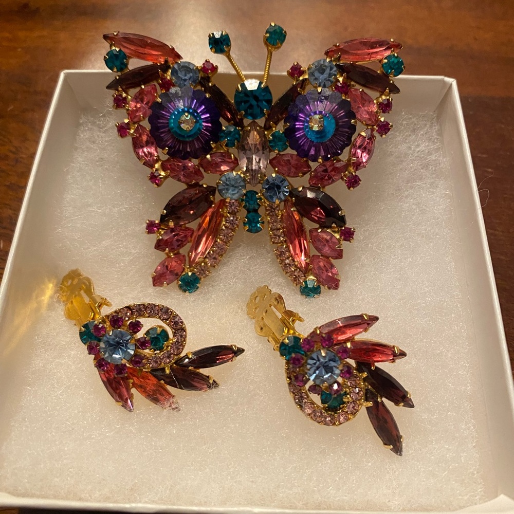 RARE Vintage Delizza & Elster Blue Rivoli Rhinestone Butterfly Brooch & Earrings